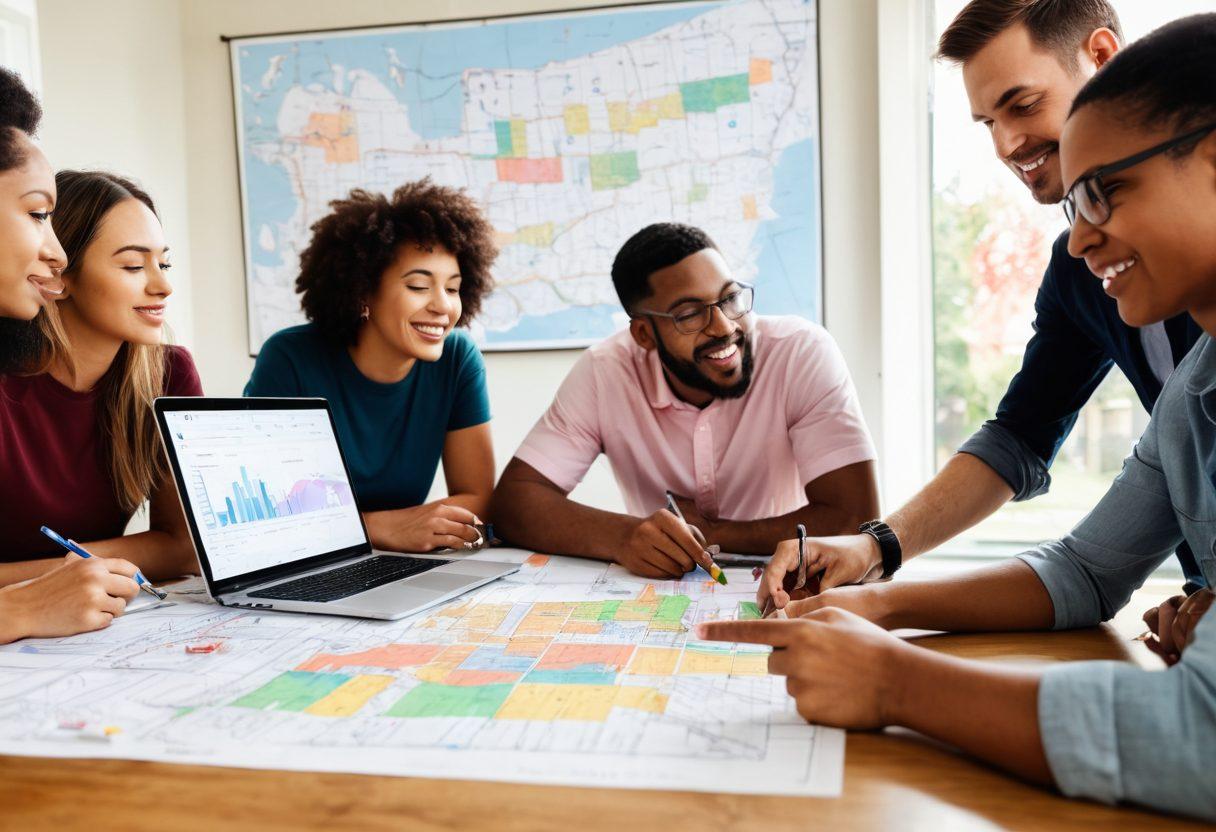 A diverse group of people discussing housing options around a table with blueprints and a laptop open displaying rental listings. One person is pointing at a chart showing rising trends in subsidized rentals while another is writing down strategies. In the background, a map of neighborhoods pinned with colorful markers. The atmosphere is collaborative and encouraging. vibrant colors. super-realistic.