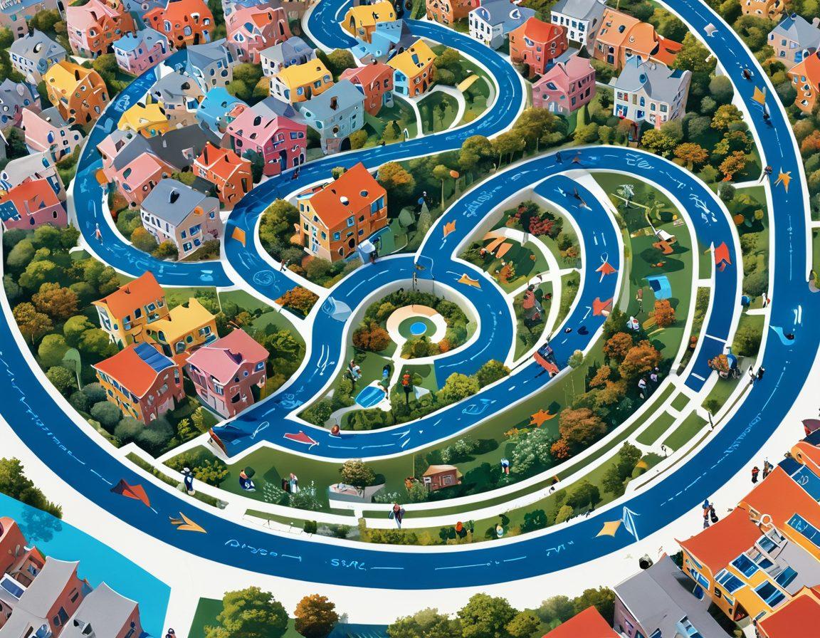 A detailed illustration of a winding maze intricately formed by various affordable housing units, with people of diverse backgrounds happily navigating through, holding flyers about rental assistance. Brightly colored arrows guide them towards their goals. Overhead, a sunny sky symbolizes hope and opportunity. super-realistic. vibrant colors. light background.