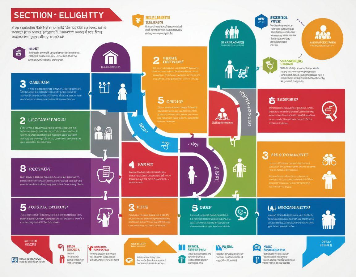 An informative infographic showcasing the steps of Section 8 eligibility, with clear icons representing qualifications like income limits, family size, and residency. Include a pathway leading through a maze symbolizing application challenges, with diverse people engaging in the process. Use a light, approachable color palette to convey guidance and clarity. vector art. vibrant colors. white background.